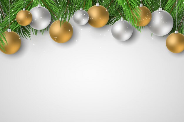 Plantilla festiva para feliz Navidad y feliz año nuevo 2020. Abeto con bolas festivas. La caída de nieve.