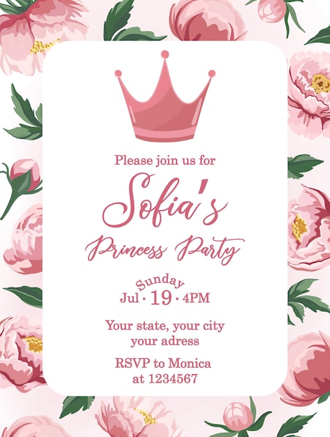 plantilla de fiesta de cumpleaños de la princesa Rosa peonías diseño floral
