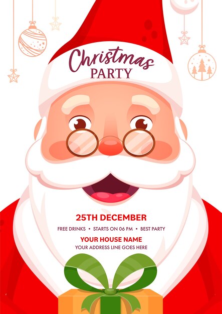 Plantilla de fiesta de Navidad o volante con detalles de eventos y personajes de Santa Claus alegre.