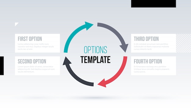 Vector plantilla de flechas redondas con cuatro opciones sobre fondo blanco