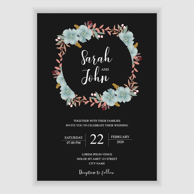 Plantilla floral de la invitación de la boda con la decoración azul de la flor
