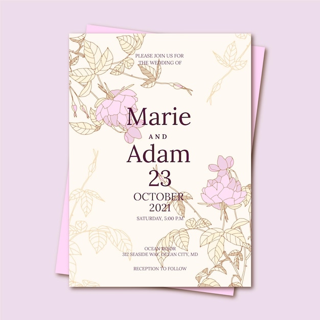 Plantilla floral de invitación de boda dibujada a mano