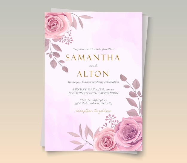 Plantilla floral de invitación de boda dibujada a mano