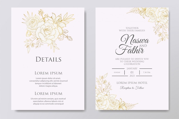 Plantilla floral de invitación de boda dibujada a mano