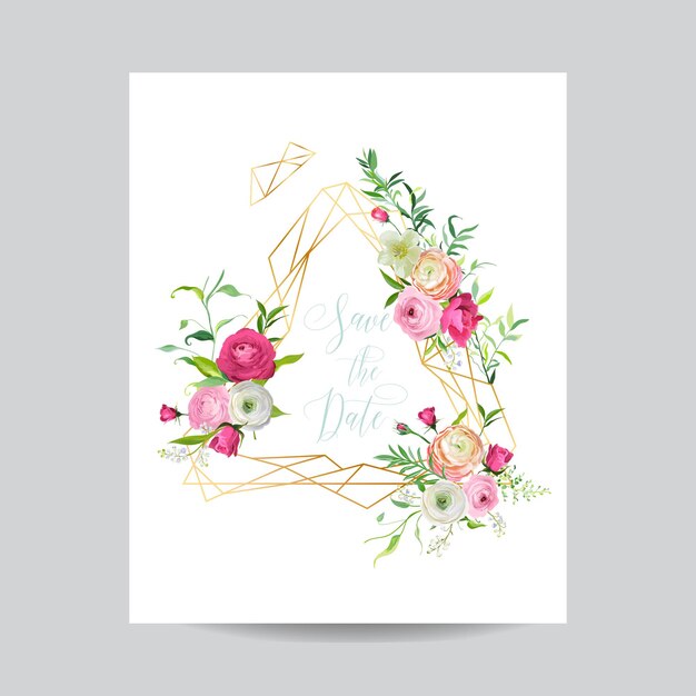 Plantilla floral de invitación de boda. guarde el marco dorado de fecha con lugar para su texto y flores de ranúnculo. tarjeta de felicitación, póster, pancarta. ilustración vectorial