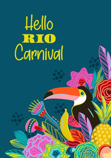 Plantilla con flores y tucán carnaval de Brasil Diseño vectorial para concepto de carnaval y otros