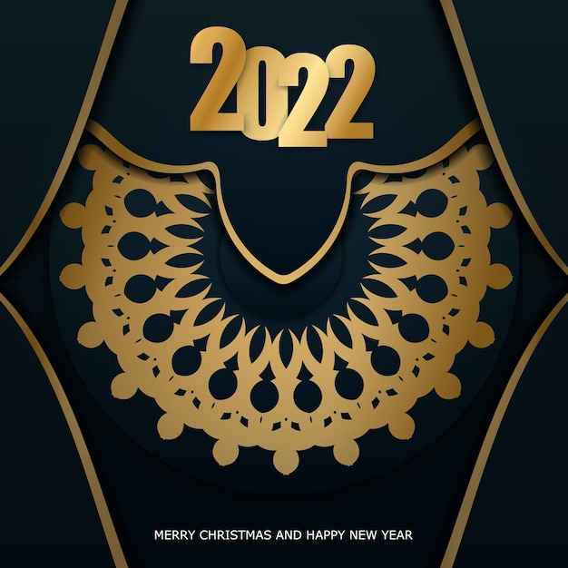 Plantilla de folleto 2022 feliz navidad azul oscuro con adorno dorado vintage