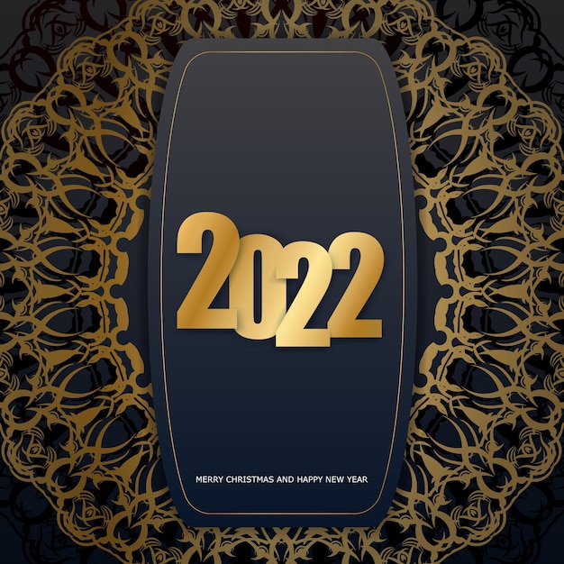 Plantilla de folleto 2022 Feliz navidad color negro con patrón dorado vintage