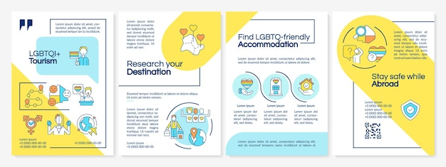 Plantilla de folleto azul y amarillo de información de viaje LGBTQI