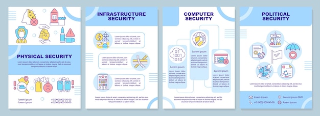 Plantilla de folleto azul de componentes de seguridad nacional Diseño de folleto de seguridad nacional con iconos lineales 4 diseños vectoriales para presentación de informes anuales Fuentes ArialBlack Myriad ProRegular utilizadas
