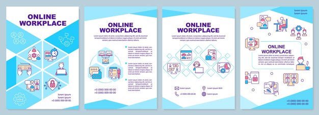 Plantilla de folleto azul de lugar de trabajo en línea Edificio de oficinas virtuales Diseño de folleto con iconos lineales 4 diseños vectoriales para presentación de informes anuales Fuentes ArialBlack Myriad ProRegular utilizadas