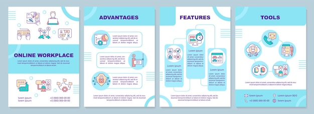 Plantilla de folleto azul de organización de lugar de trabajo en línea diseño de folleto de oficina remota con iconos lineales 4 diseños vectoriales para presentación de informes anuales fuentes arialblack myriad proregular utilizadas