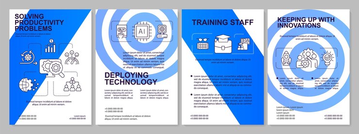 Vector plantilla de folleto azul para resolver problemas de empleados problemas de productividad diseño de folletos con iconos lineales 4 diseños vectoriales para presentación de informes anuales fuentes arial myriad proregular utilizadas