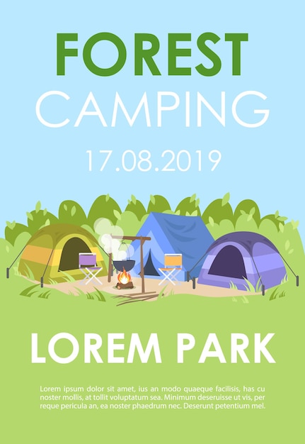 Plantilla de folleto de camping forestal. Folleto de recreación de verano, folleto, concepto de folleto con ilustraciones planas. Diseño de página de vector para revista. Invitación de publicidad de festival al aire libre con espacio de texto