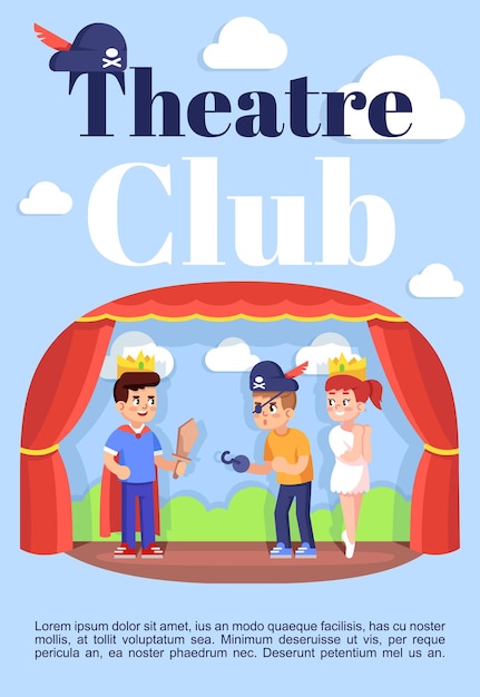 Vector plantilla de folleto del club de teatro. folleto, folleto, concepto de folleto con ilustraciones planas. diseño de dibujos animados de página vectorial para revista. lecciones de teatro para niños que anuncian invitación con espacio de texto.