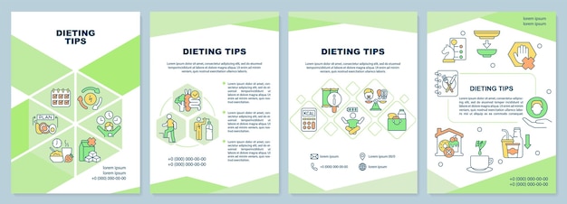 Vector plantilla de folleto de consejos de dieta perder peso nutrición saludable diseño de folleto con iconos lineales 4 diseños vectoriales para presentación de informes anuales fuentes arialblack myriad proregular utilizadas