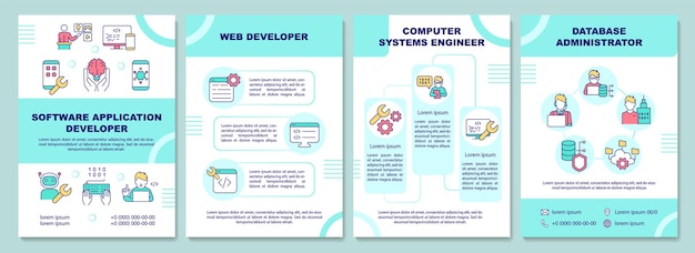 Plantilla de folleto para desarrolladores de aplicaciones de software. Desarrollador. Diseño de impresión de folletos con iconos lineales. Diseños vectoriales para presentación, informes anuales, anuncios. Fuentes Arial-Black, Myriad Pro-Regular utilizadas