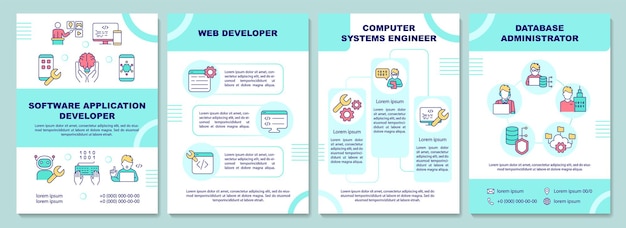 Plantilla de folleto para desarrolladores de aplicaciones de software. desarrollador. diseño de impresión de folletos con iconos lineales. diseños vectoriales para presentación, informes anuales, anuncios. fuentes arial-black, myriad pro-regular utilizadas