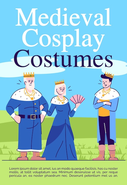 Plantilla de folleto de disfraces de cosplay medieval. folleto de ropa antigua, folleto, concepto de folleto con ilustraciones planas. diseño de página para revista. invitación publicitaria de mascarada con espacio de texto.