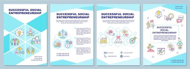 Plantilla de folleto de emprendimiento social exitoso. Folleto, folleto, impresión de folletos, diseño de portada con iconos lineales. Diseños vectoriales para presentación, informes anuales, páginas publicitarias.