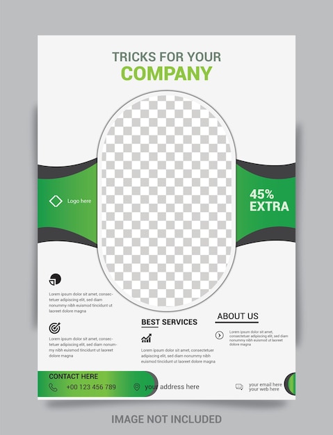 Plantilla de folleto empresarial de diseño verde moderno con 45 ofertas de servicios o promociones