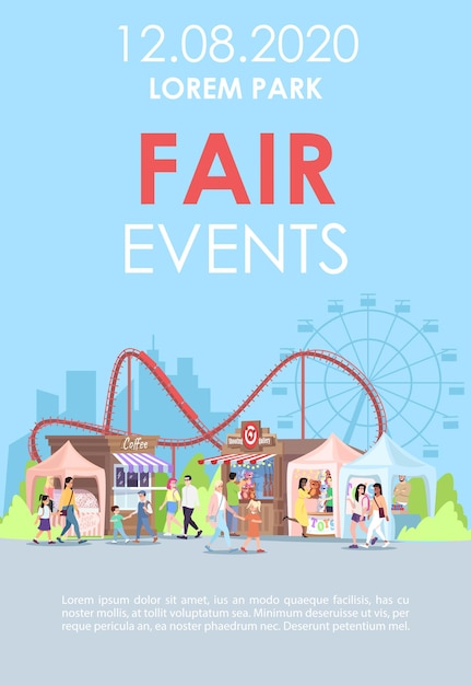 Plantilla de folleto de eventos justos. Folleto de atracciones del parque de atracciones, folleto, concepto de folleto con ilustraciones planas. Festival de verano. Diseño de página para revista. Invitación de publicidad de feria con texto