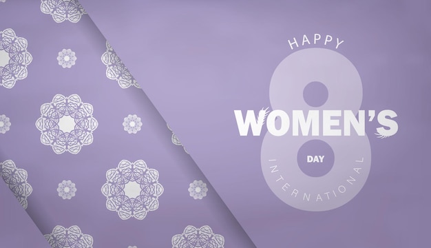 Plantilla de folleto de felicitación 8 de marzo día internacional de la mujer color púrpura con adorno blanco vintage