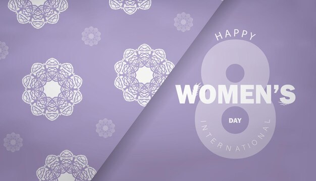 Plantilla de folleto de felicitación 8 de marzo día internacional de la mujer color púrpura con adornos blancos de lujo