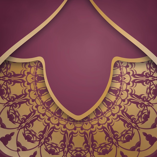 Plantilla Folleto de Felicitación de color burdeos con un patrón de mandala dorado para su diseño.