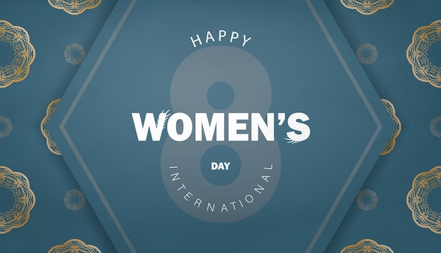 Plantilla de folleto de felicitación del día internacional de la mujer color azul con patrón dorado vintage