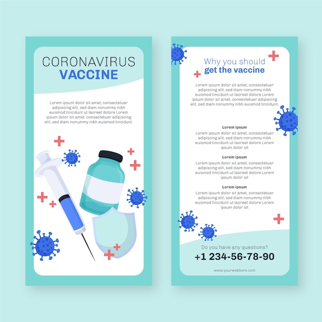 Vector plantilla de folleto informativo de vacunación contra el coronavirus