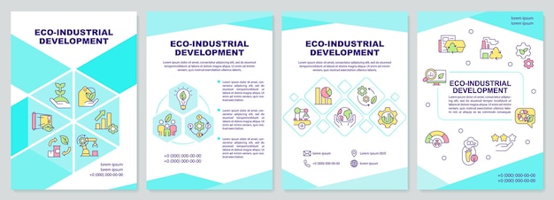 Plantilla de folleto de menta de desarrollo industrial ecológico proceso sostenible diseño de folleto con iconos lineales 4 diseños vectoriales para presentación de informes anuales fuentes arialblack myriad proregular utilizadas