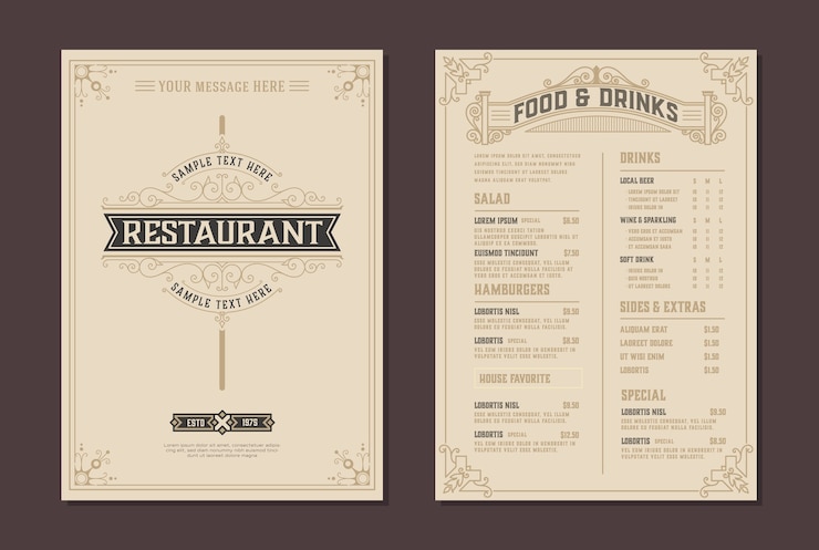 Vector plantilla de folleto de menú y logotipo de restaurante.