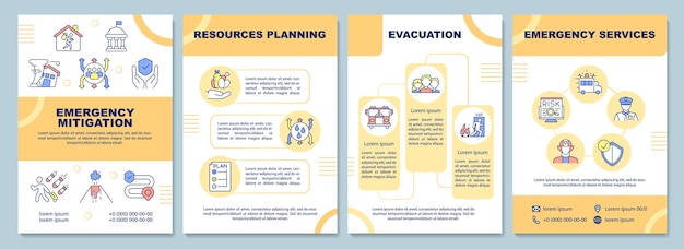 Plantilla de folleto de mitigación de emergencia. planificación de recursos. diseño de impresión de folletos con iconos lineales. diseños vectoriales para presentación, informes anuales, anuncios. fuentes arial-black, myriad pro-regular utilizadas