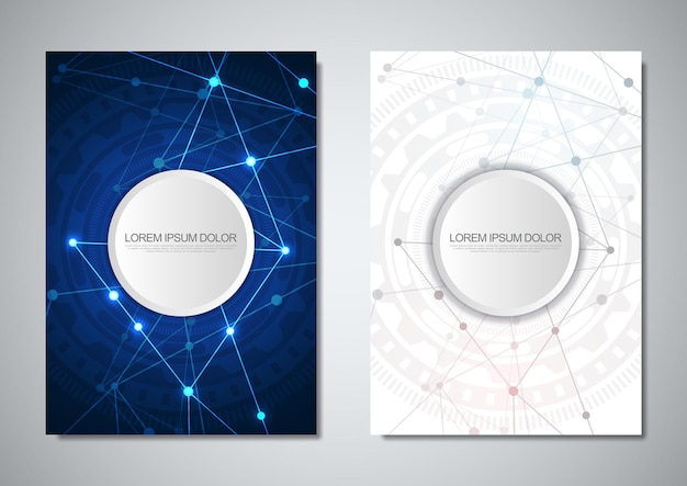 Plantilla de folleto o diseño de portada. Tecnología digital con fondo de plexo y espacio para su texto. Fondo abstracto geométrico de puntos y líneas de conexión.