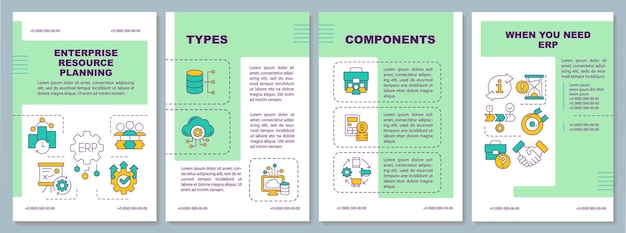 Plantilla de folleto de planificación de recursos empresariales diseño de folleto verde con íconos lineales delgados 4 diseños vectoriales