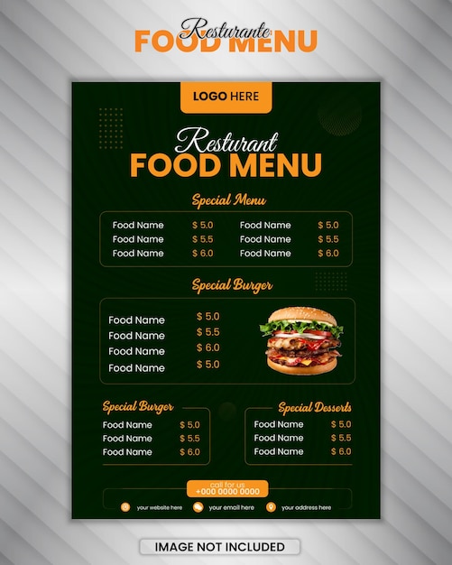 Plantilla de folleto plegable de menú de comida y restaurante