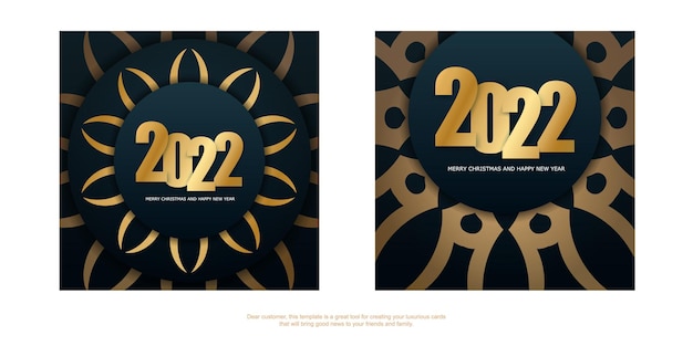 Plantilla folleto saludo 2022 feliz navidad azul oscuro con patrón dorado de invierno