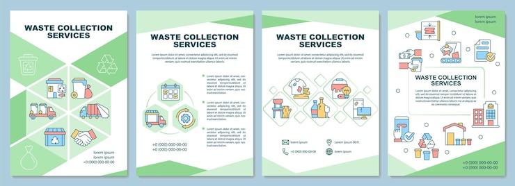 Vector plantilla de folleto de servicios de recogida de residuos. manejo de basura. folleto, folleto, impresión de folletos, diseño de portada con iconos lineales. diseños vectoriales para presentación, informes anuales, páginas publicitarias.