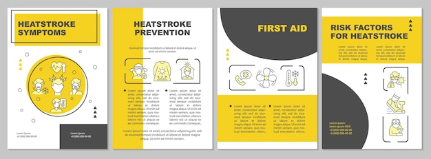 Plantilla de folleto de síntomas de insolación. Prevención de la insolación. Folleto, folleto, impresión de folletos, diseño de portada con iconos lineales. Diseños vectoriales para presentación, informes anuales, páginas publicitarias.