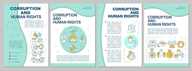 Plantilla de folleto sobre corrupción y derechos humanos. Confianza social. Volante, folleto, impresión de folletos, diseño de portada con iconos lineales. Diseños de vectores para presentaciones, informes anuales, páginas de publicidad