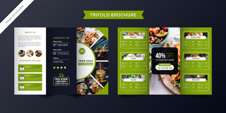 Vector plantilla de folleto tríptico de alimentos. folleto de menú de comida rápida para restaurante con color verde y azul oscuro.