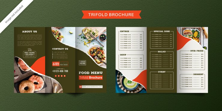 Vector plantilla de folleto tríptico de alimentos. folleto de menú de comida rápida para restaurante con color verde y claro.