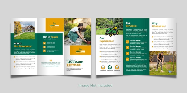 Plantilla de folleto tríptico de cuidado del césped diseño de folleto tríptico de jardinería o paisajista