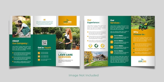 Plantilla de folleto tríptico de cuidado del césped Diseño de folleto tríptico de jardinería o paisajista
