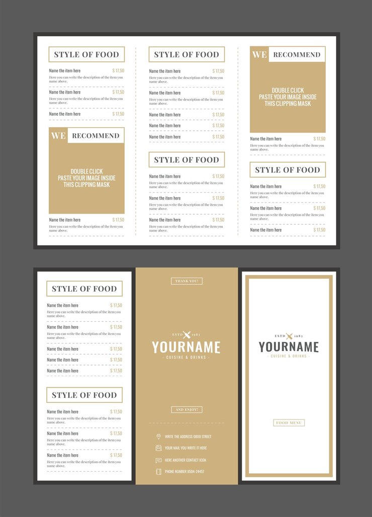 Vector plantilla de folleto - tríptico con menú de comida elegante 8