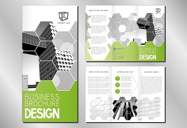Plantilla de folleto tríptico de negocios con edificios de oficinas
