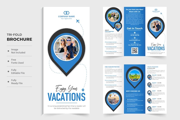 Plantilla de folleto tríptico de viajes y viajes con colores azules y oscuros Diseño de carteles publicitarios de agencias de viajes con sección de descuentos Folleto de promoción comercial del planificador de vacaciones para marketing