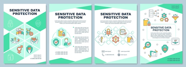 Plantilla de folleto verde de protección de datos confidenciales. diseño de impresión de folletos con iconos lineales. diseños vectoriales para presentación, informes anuales, anuncios. fuentes arial-black, myriad pro-regular utilizadas