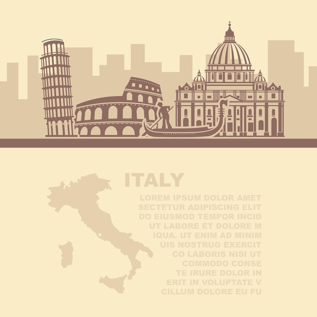 Vector la plantilla de los folletos con un mapa y atracciones arquitectónicas de italia.